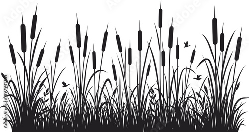 Minimalist black cattail silhouette border featuring marsh grass bulrushes and flying ducks isolated on white background.