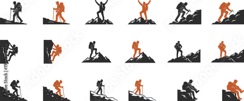 Mountain hiking and climbing silhouettes collection showing outdoor adventure activities, trekking poses, and exploration concepts for travel and nature design