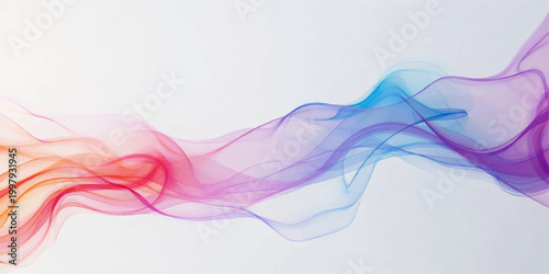 This abstract vector illustration features a smooth swirl of colorful rainbow smoke flowing in a graceful motion curve against a white background to create a vibrant wave pattern design