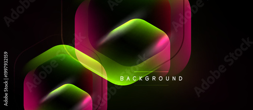 Abstract design features layered hexagons. Vibrant gradients shift from green to magenta. Dark background emphasizes glowing shapes, modern aesthetic.