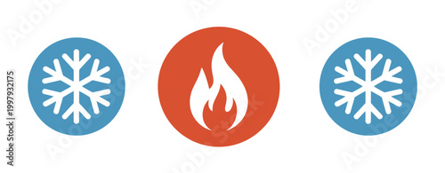 Hot and cold icon vector showcasing flaming and freezing signs with refrigerator and boiler symbols, clean temperature control concept modern vector illustration isolated transparent background.