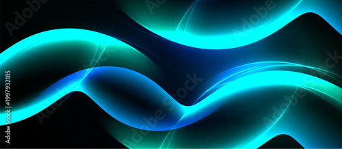 Abstract waves, vibrant blues, greens. Smooth curves create dynamic, flowing pattern against dark background. Modern design element.