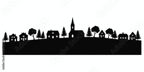Black silhouette of a village skyline with a church and trees