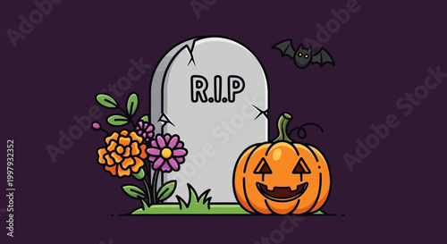 Halloween tombstone with pumpkin, bat, and flowers