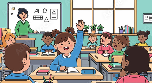 Happy Children Learning in Classroom, Teacher Asking Question, Diverse Students Raising Hands