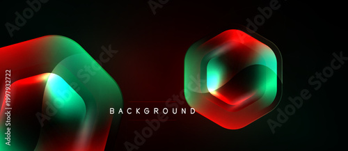 Abstract design features overlapping shapes, vibrant red, green hues. Dark background enhances glowing effect, modern aesthetic.