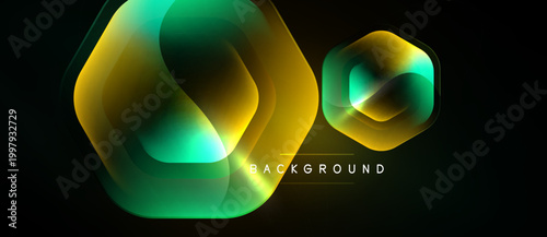 Abstract hexagons overlap, creating vibrant gradients. Yellows, greens blend against dark background. Modern design element.