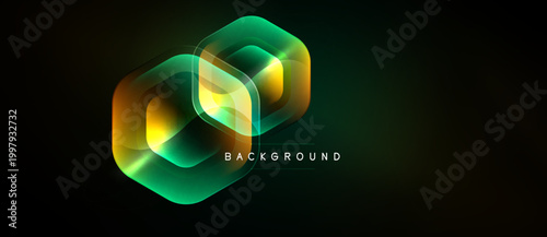 Abstract neon hexagons overlap, creating glowing effect. Dark background emphasizes vibrant colors, modern design element.