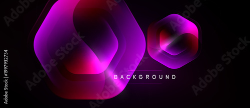 Abstract hexagons overlap, creating vibrant gradients. Pink, purple, red hues dominate dark background. Modern design element.