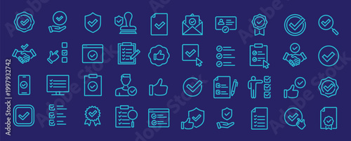 Checkmark and Approved web icon set in line style. Checklist, accepted, stamp, accept, agree, quality control, collection. Editable stroke. Vector illustration.