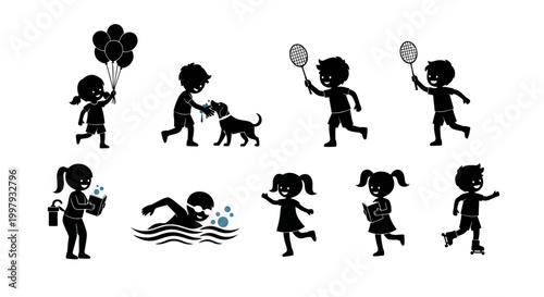 Set of Children Silhouettes Playing and Having Fun