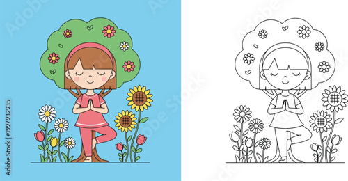 Cute girl doing yoga tree pose in nature with flowers. Kids mindfulness and wellness. Colorful vector illustration and black outline line art coloring page.