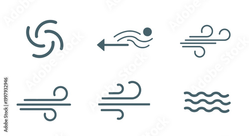 Set of Weather Icons: Wind, Airflow, Breeze, Hurricane, Waves