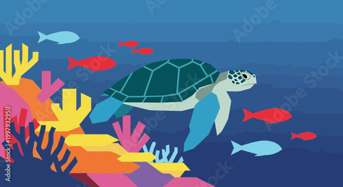 Sea Turtle Swimming Underwater Coral Reef Colorful Fish Ocean Sea Life