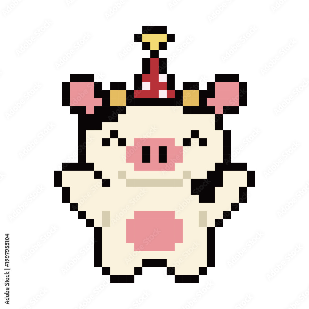 Fototapeta premium Pixel art cute cow character with red party hat