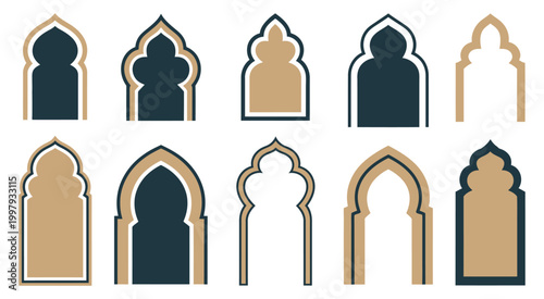 Islamic and Moroccan arch vector designs featuring geometric and floral motifs for cultural and architectural illustration, elegant cultural design with geometric shapes and floral details simple mode