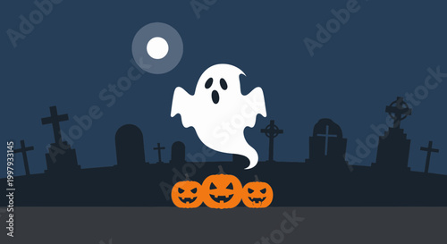 Spooky Halloween Night Scene with Ghost, Pumpkins, and Cemetery
