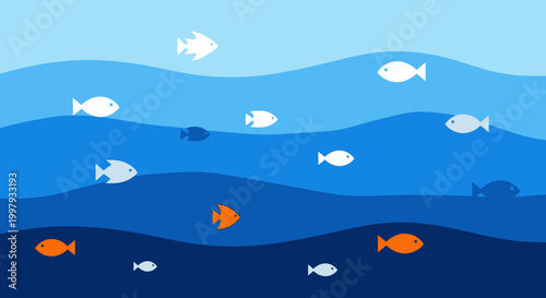 Stylized fish swimming in wavy blue ocean water, underwater scene