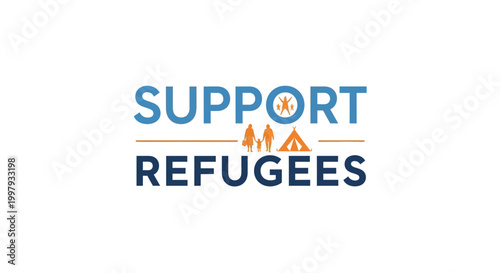 Support Refugees Logo with Family and Tent Icon - Humanitarian Aid Concept