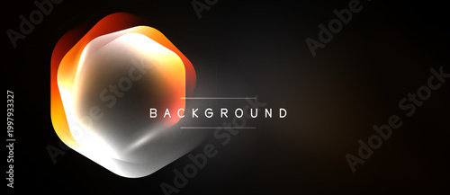 Abstract hexagon shape glows, gradients shift from orange to white. Dark background emphasizes luminous design element. Simple text reads background.