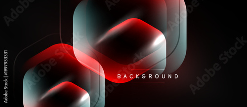 Abstract geometric shapes overlap, creating dynamic red, silver gradients. Dark background emphasizes glowing forms, modern design element.