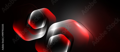 Abstract geometric shapes, red, silver tones dominate. Glossy reflections suggest modern design, dynamic composition. Dark background enhances visual impact.