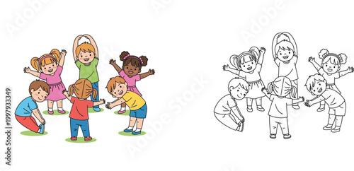 Diverse group of cute kids doing morning exercises and stretching. Colorful vector illustration and black outline line art coloring page for children.