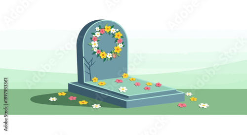 Tombstone Decorated with Flowers, Memorial Wreath, Cemetery Scene, Grief and Remembrance