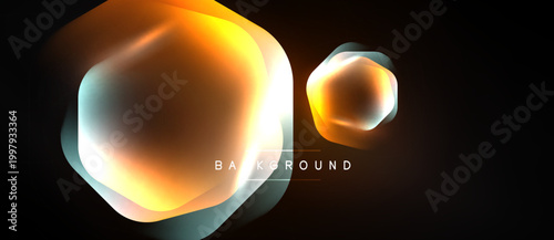 Abstract geometric shapes, vibrant orange hues, glowing effects. Dark background emphasizes luminosity, creating modern visual impact.