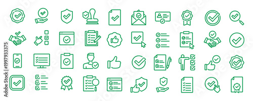 Checkmark and Approved web icon set in line style. Checklist, accepted, stamp, accept, agree, quality control, collection. Editable stroke. Vector illustration.