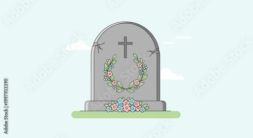 Tombstone with Floral Wreath and Flowers, Sadness, Grief, Memorial