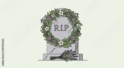 Tombstone with RIP inscription, floral wreath, and flower bouquet