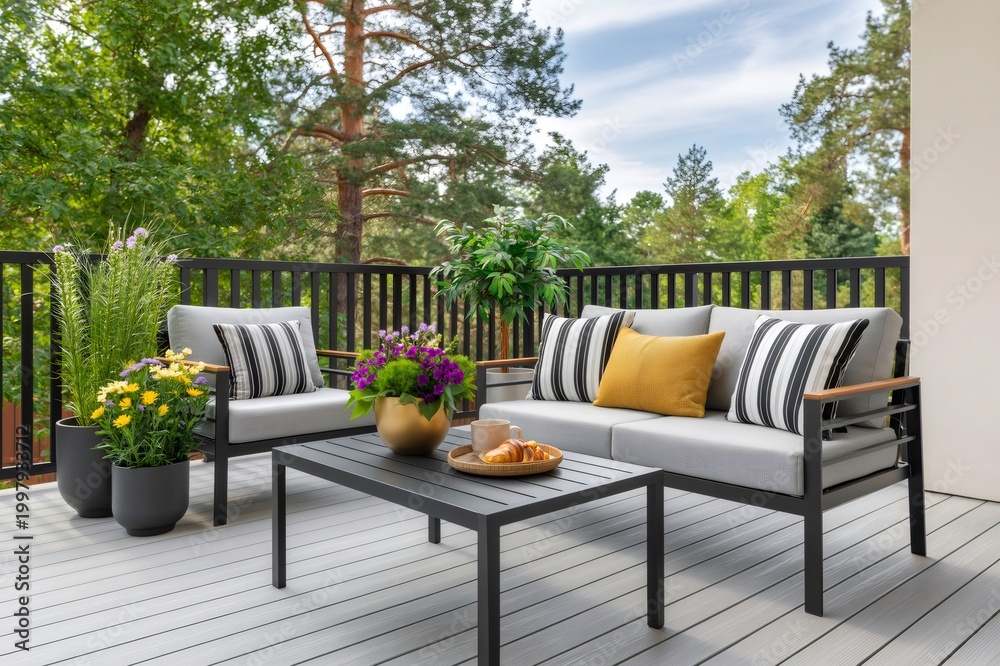 Fototapeta premium Outdoor living space on balcony with furniture and plants