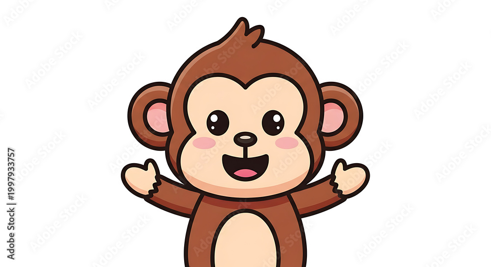 Obraz premium Cute cartoon monkey character with open arms on white background