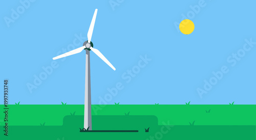 Wind turbine generating clean energy under a bright sun in a green field.