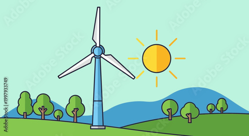 Wind turbine generating clean energy in a sunny rural landscape with trees and hills
