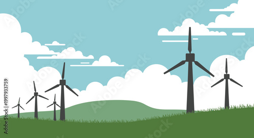 Wind Turbines in a Green Landscape with Clouds - Renewable Energy Concept