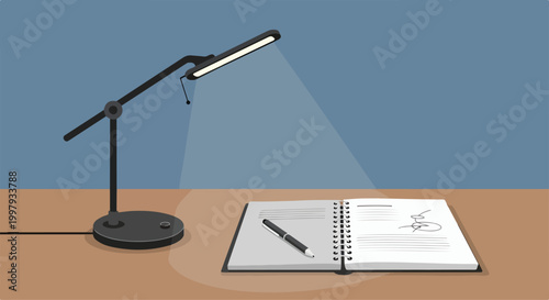 Foto A desk lamp shining on a notebook and pen