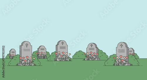 Cemetery Landscape with Gravestones and Flowers