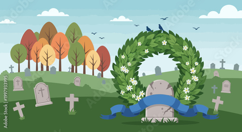 Cemetery Scene with Wreath and Gravestones, Autumn Trees and Birds