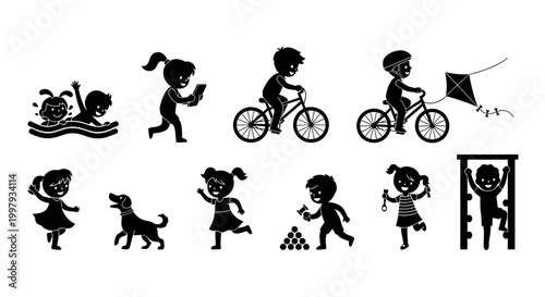Set of Children Silhouettes Playing Outdoor Activities