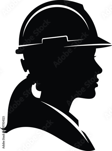 Female construction worker profile silhouette wearing hard hat isolated on white background safety industry labor profession vector illustration design