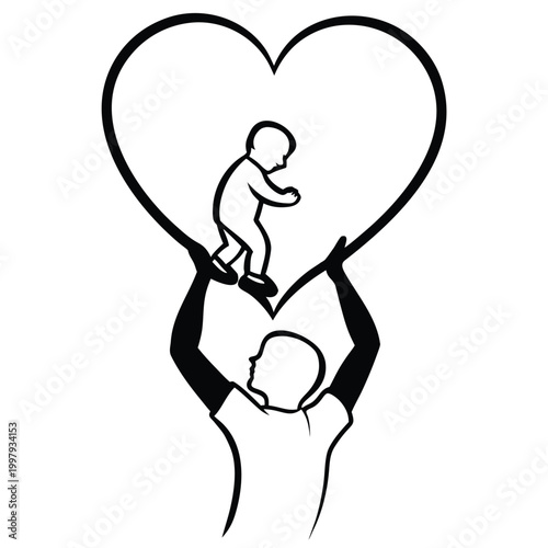 Father lifting baby high inside a large heart outline symbolizing immense parental love and tender care parent child black and white line art new born