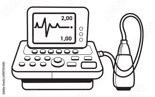 Medical ultrasound machine with probe and heart monitor display for diagnostic sonography and patient care, modern healthcare equipment concept clean vector illustration