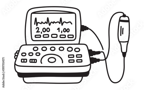 Medical ultrasound machine with probe and heart monitor display for diagnostic sonography and patient care, modern healthcare equipment concept clean vector illustration