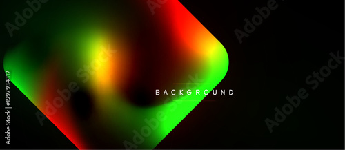 Abstract vibrant gradients blend. Red, green, yellow hues dominate dark background. Modern design element, fluid shapes present.