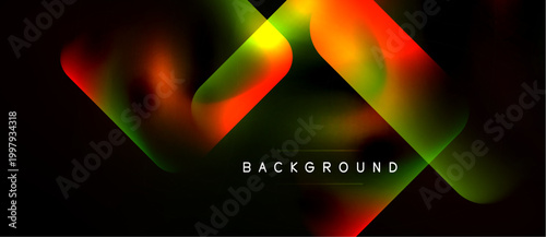 Abstract vibrant shapes overlap, creating dynamic colorful background. Dark space emphasizes glowing gradients, modern design element.