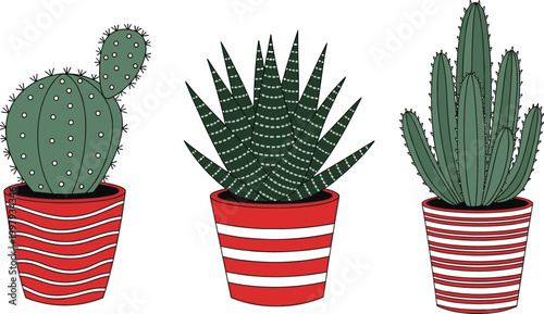 Hand drawn indoor potted cactus and succulent vector set featuring prickly pear, zebra plant, and saguaro in red striped pots for modern interior home decor.