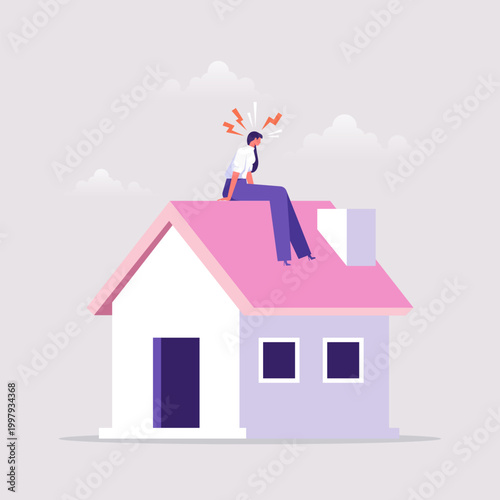 Concept of overpay in real estate and house mortgage, office worker woman sitting depressed on her house, house purchase debt person