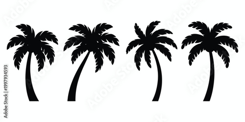 Four black silhouette palm trees on white background